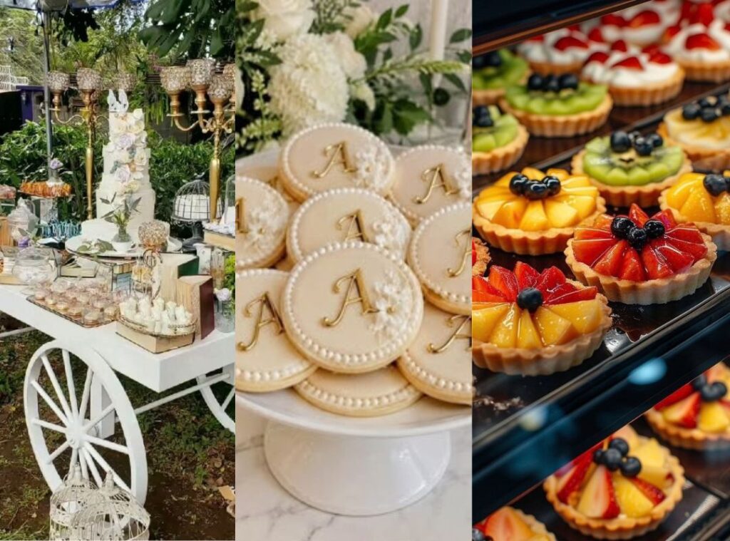 Wedding dessert table ideas with an elegant cake, pastries, flowers, and sweet treats