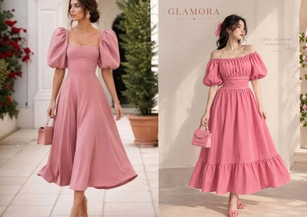 Bridal shower dress ideas featuring a feminine puff-sleeve dress