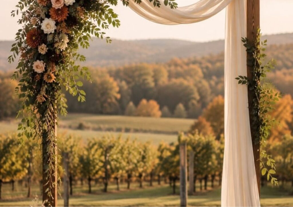 Simple wedding ceremony arch decorated with flowers and greenery