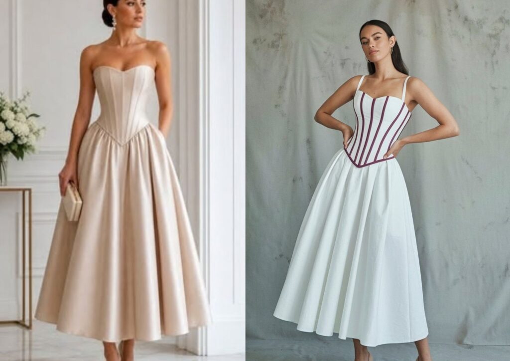 Bridal shower dress ideas featuring a white corset-waist A-line dress