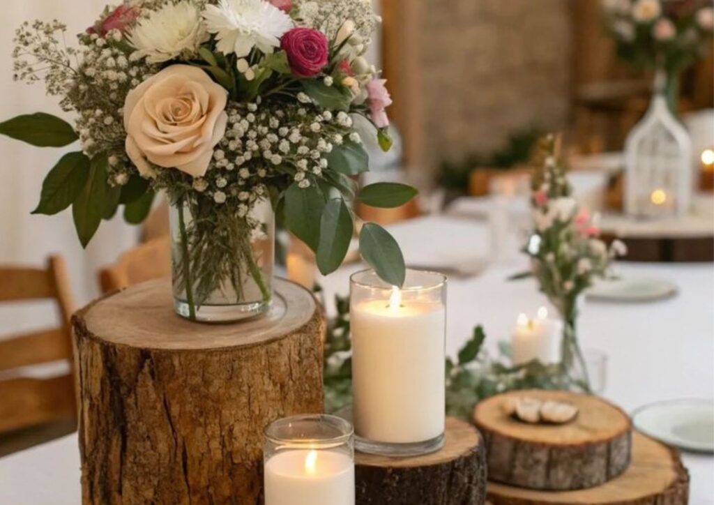 DIY wedding centerpiece ideas with wooden slices and small flower vases