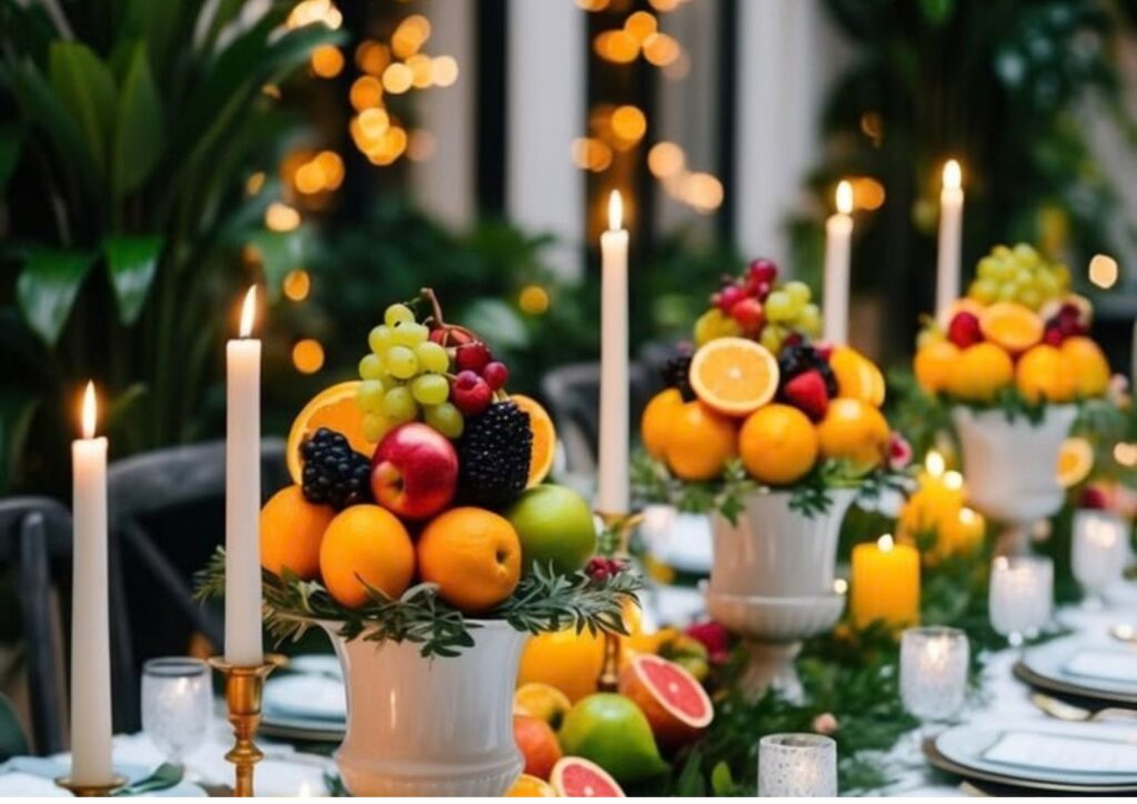 Wedding table centerpiece featuring a bowl of fresh seasonal fruit
