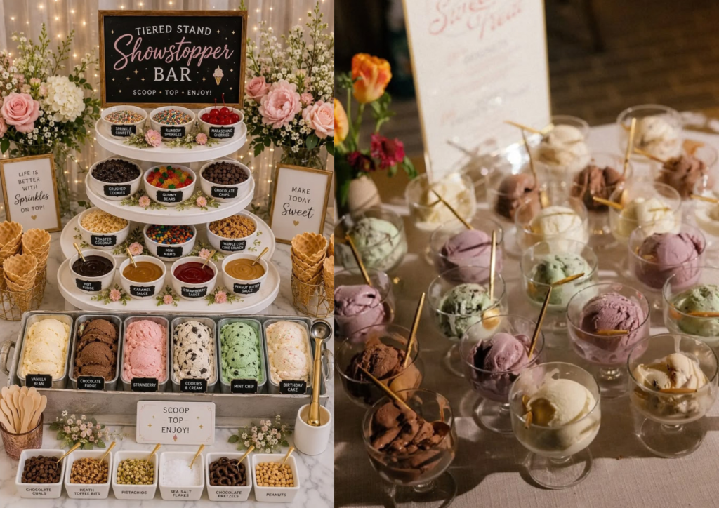Wedding dessert table ideas featuring an ice cream dessert bar