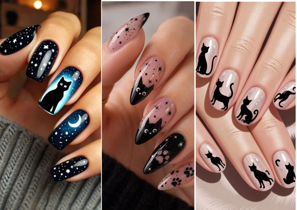 Halloween nail ideas featuring black cat nail designs