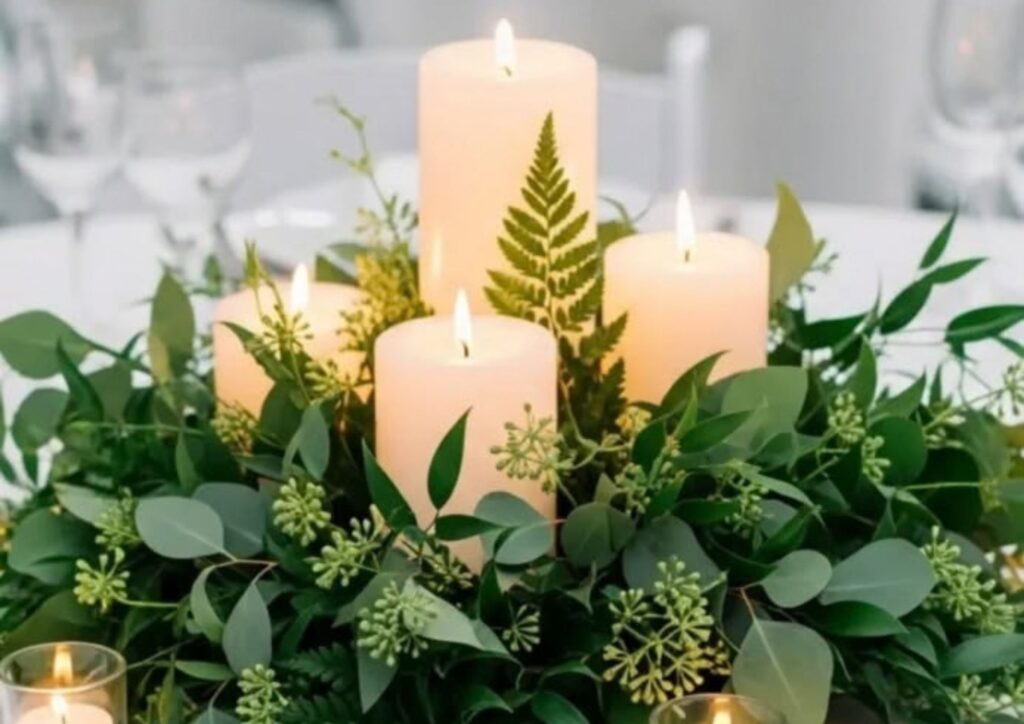 DIY wedding centerpiece ideas with candles and fresh greenery