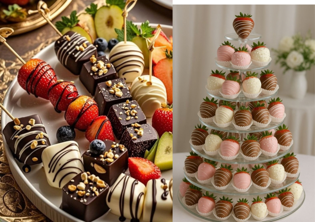 Wedding dessert table ideas with chocolate-covered strawberries and fresh fruit