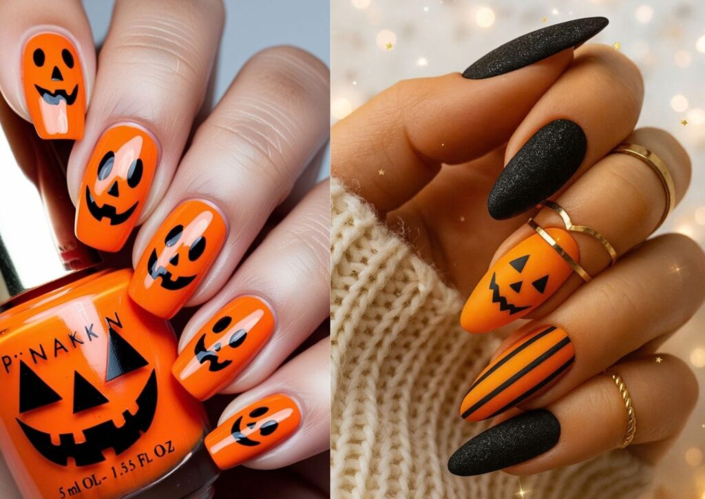 Halloween nail ideas featuring classic orange pumpkin designs