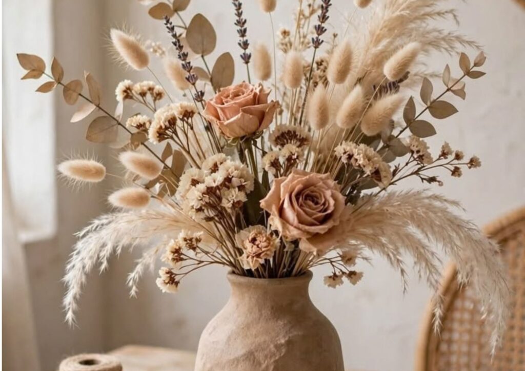 DIY wedding centerpiece ideas with dried flowers in neutral vases