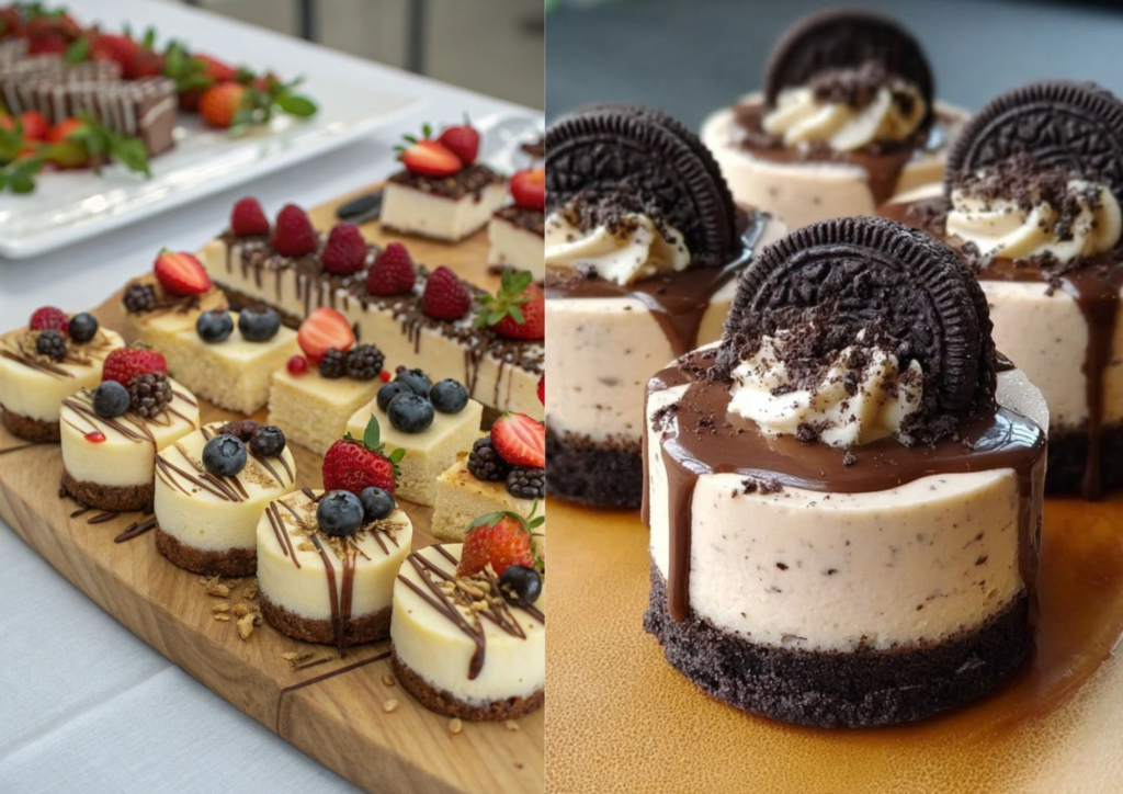 Wedding dessert table ideas featuring elegant mini cheesecakes