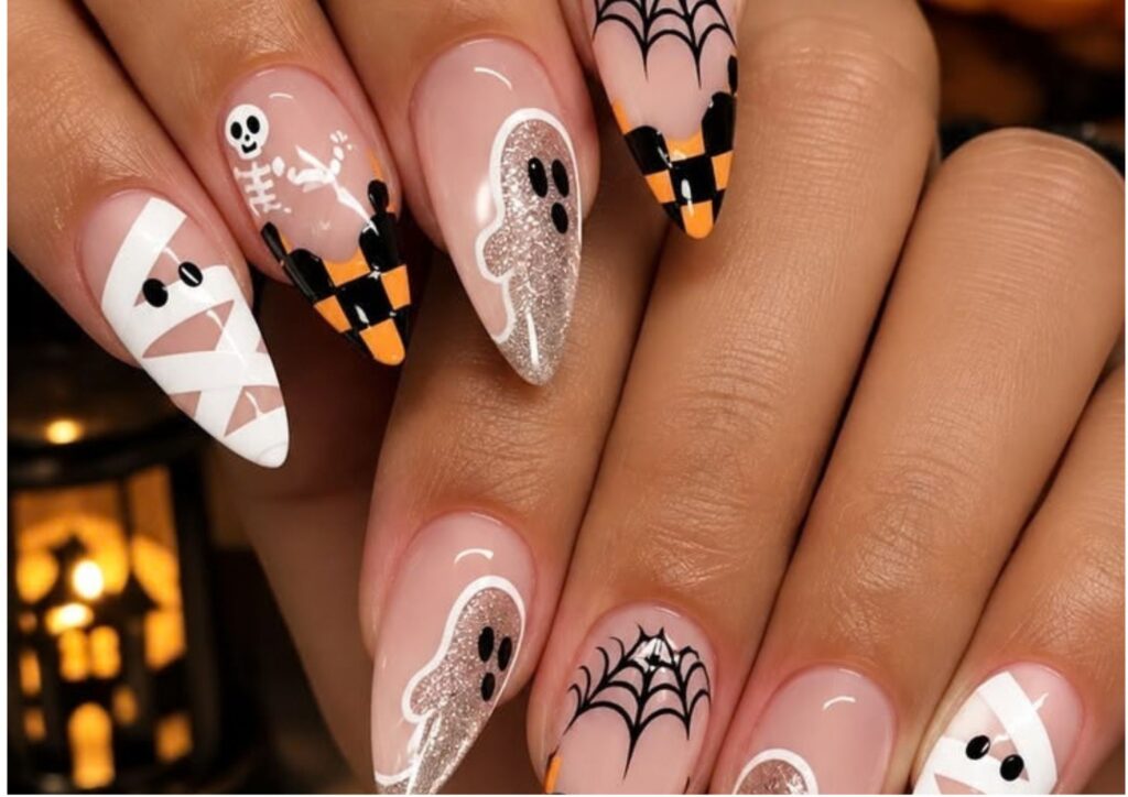 nail ideas with mixed pumpkin ghost and spider designs