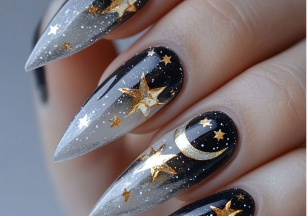 Halloween nail ideas with moon and stars nail art
