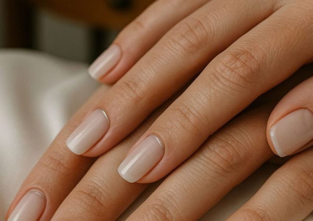Short wedding nail ideas with a natural minimalist bridal manicure