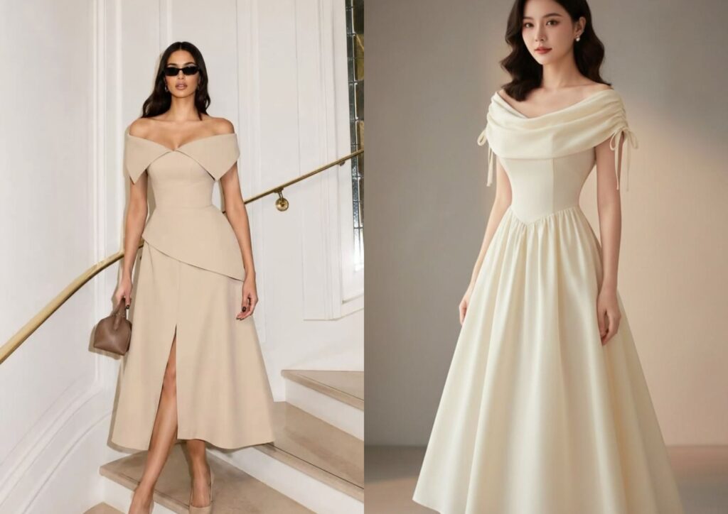 off-shoulder midi dress for an elegant dinner