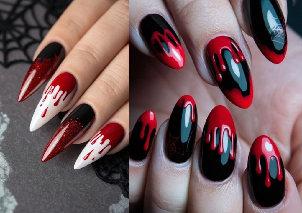 Halloween nail ideas featuring red blood drip nail art