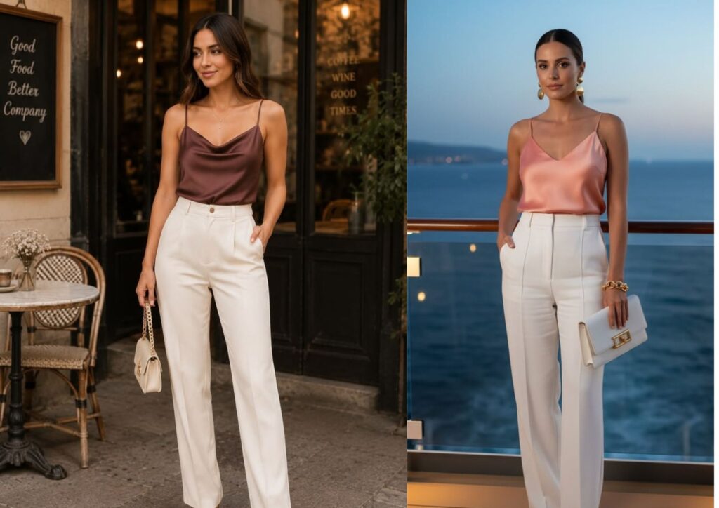 satin camisole with tailored trousers for dinner