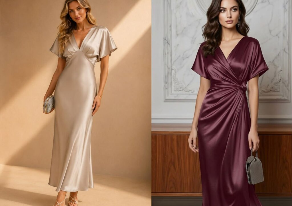 dinner outfit ideas for women wearing a satin midi dress
