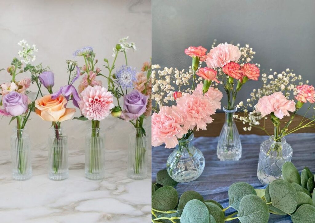 DIY wedding centerpiece ideas with small bud vases and fresh flowers