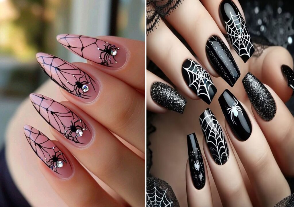 Halloween nail ideas featuring spooky spiderweb nail art