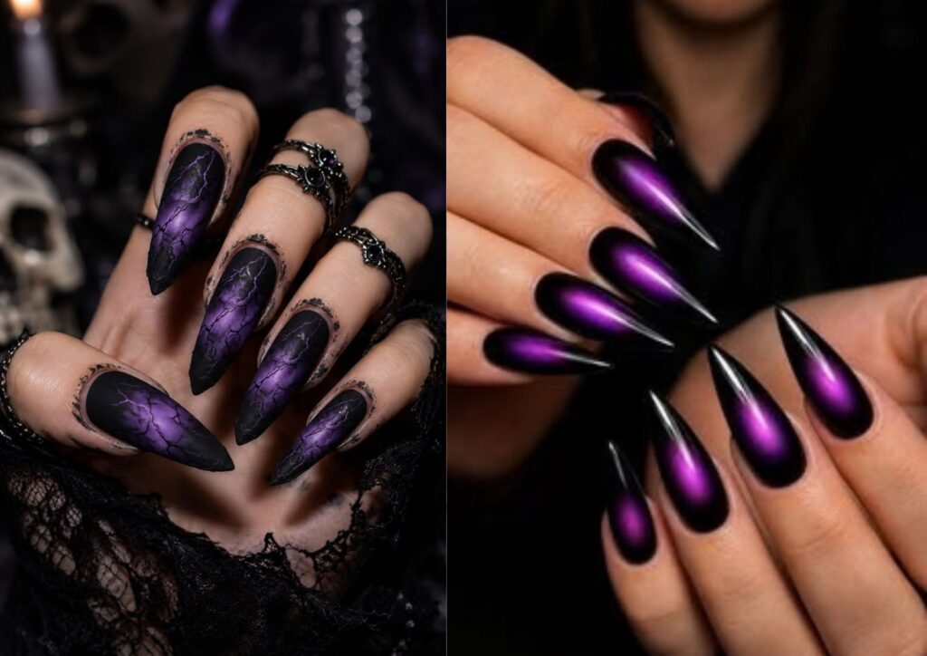 Halloween nail ideas with witchy purple and black nails